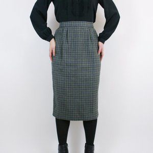 Vintage 90s high waisted long midi length plaid pencil skirt with slit up back
